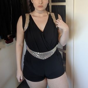 Gold Glitter Sleeveless Black Romper
